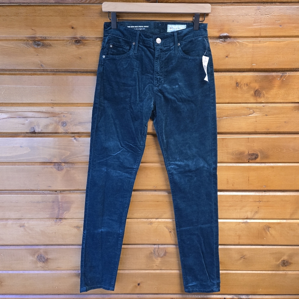 AG Anthropologie The Stevie High Rise Velvet Skinny Jeans Deep Teal Size 26